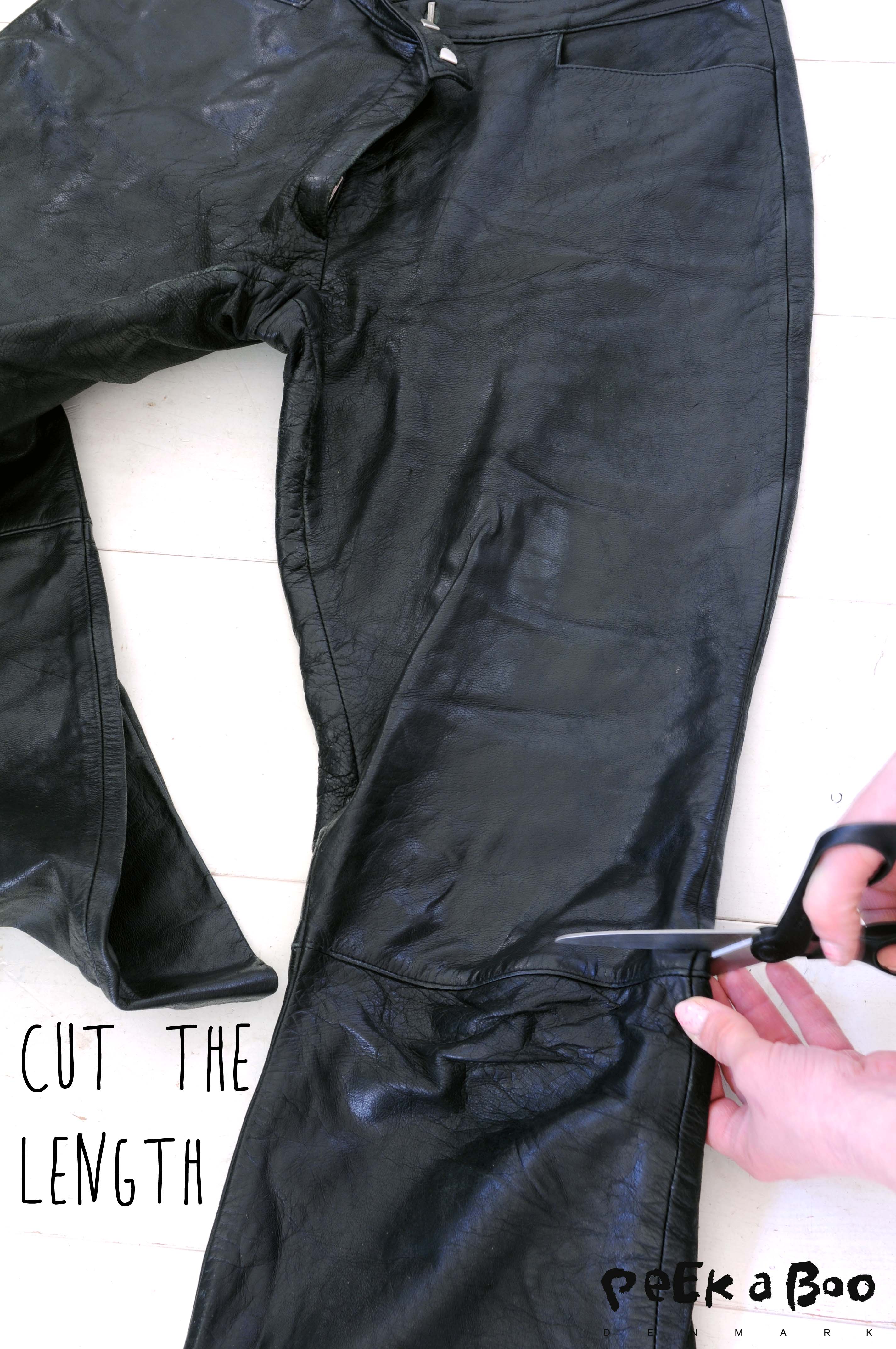 Cut off the length just above the knee. Fold the lining out, so you don't cut that yet.