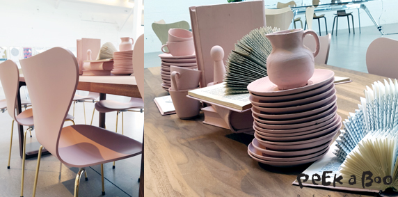 Fritz Hansen pale pink anniversary edition of series 7. Creative styling on the table in all pink...